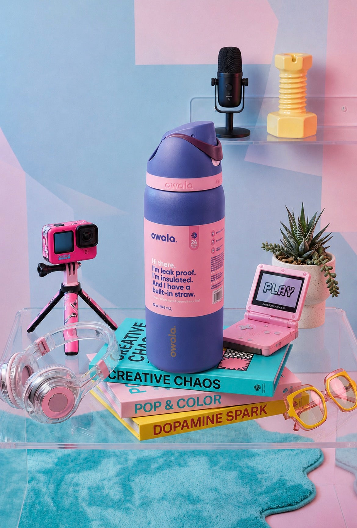 Termo Owala 32oz azul morado profundo con detalle rosa