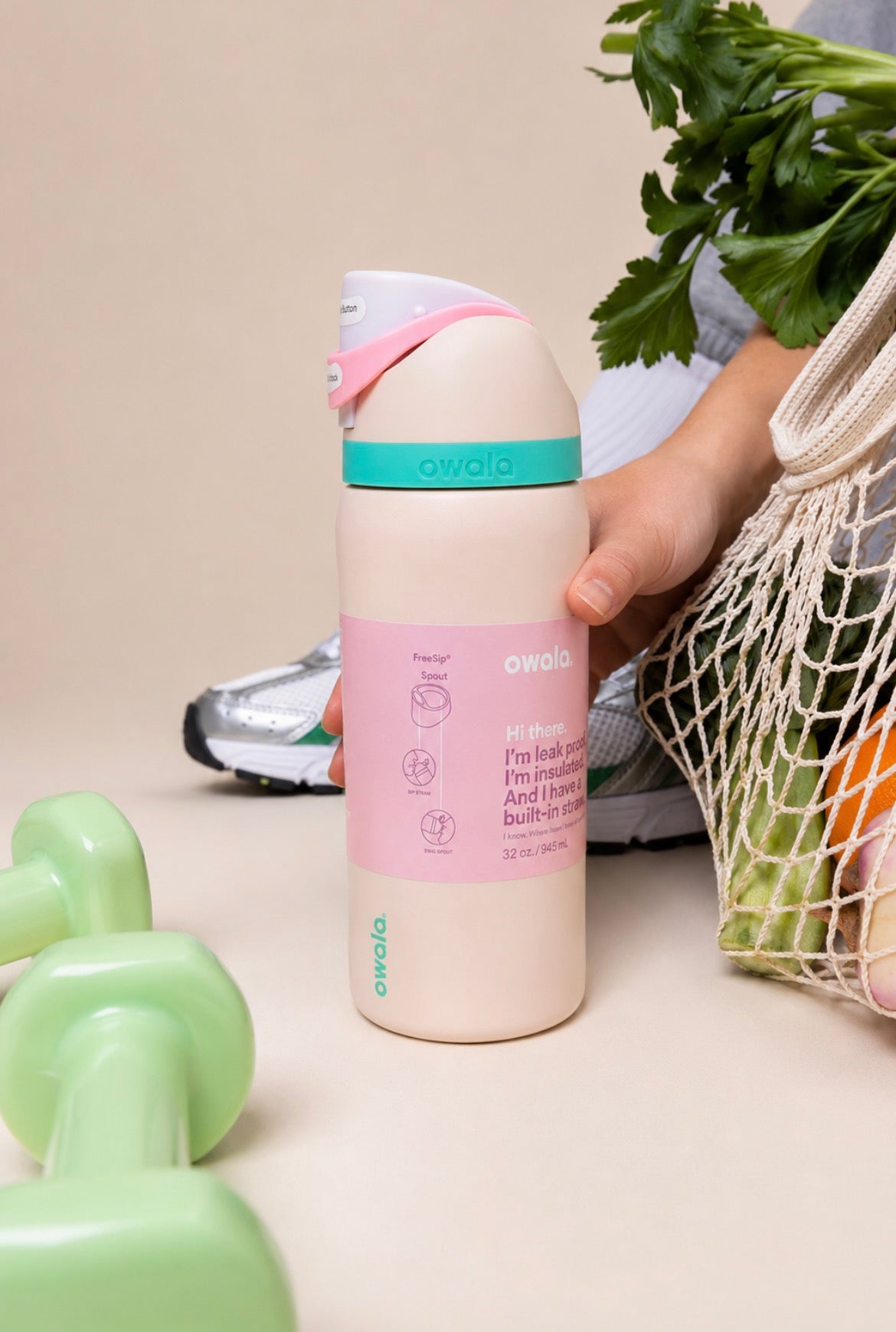Termo Owala 32oz rosa light con detalle menta y gris