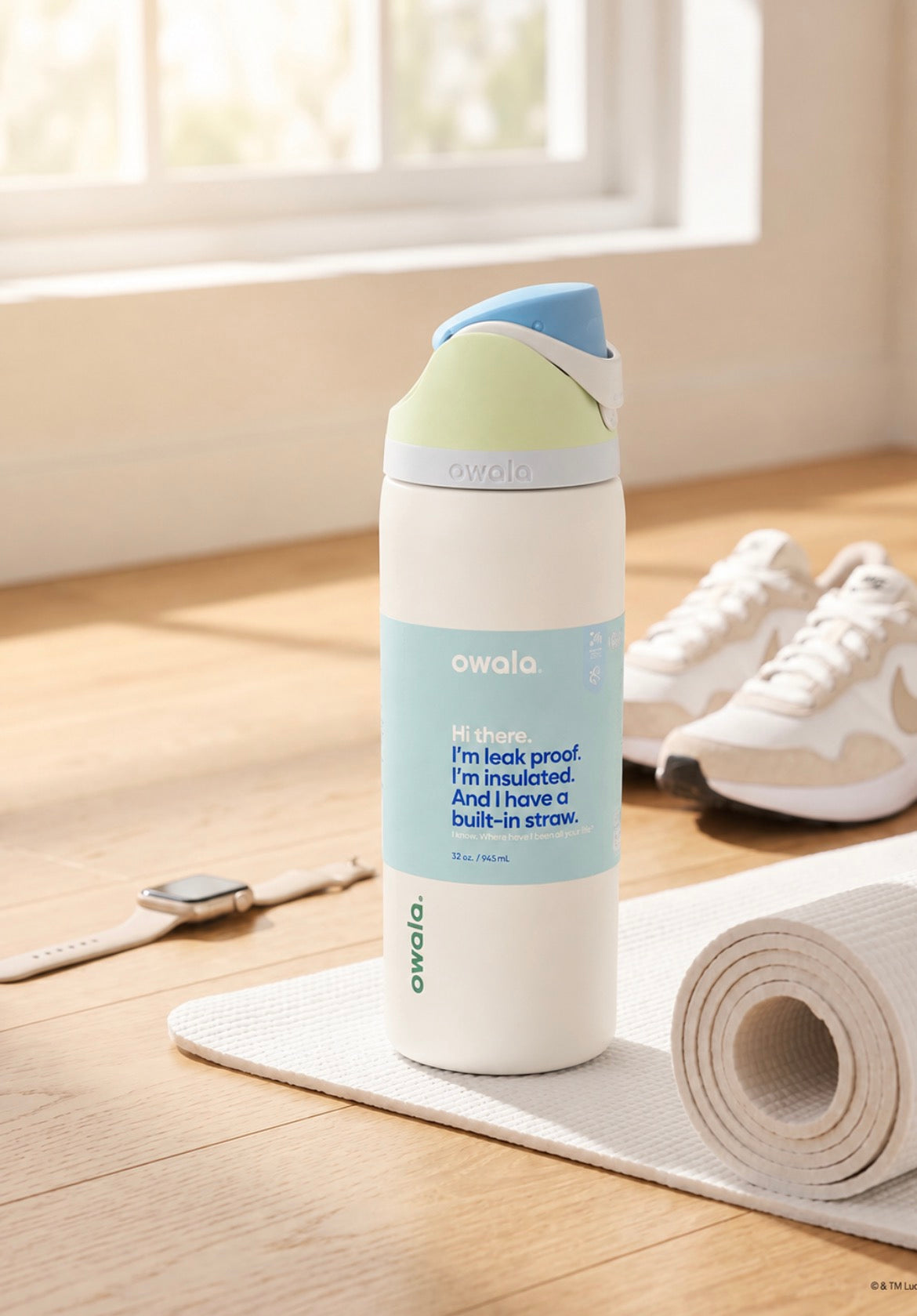 Termo Owala 32oz blanco con detalles mint y celeste