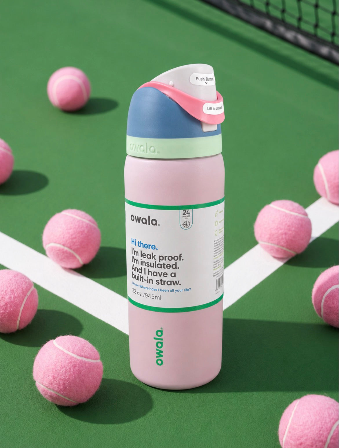 Termo Owala 32oz rosa con celeste y gris